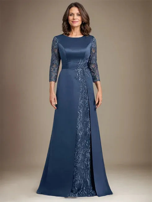 Floor-Length A-Line Lace Satin Mother of the Bride Dress with Scoop Neck and Applique