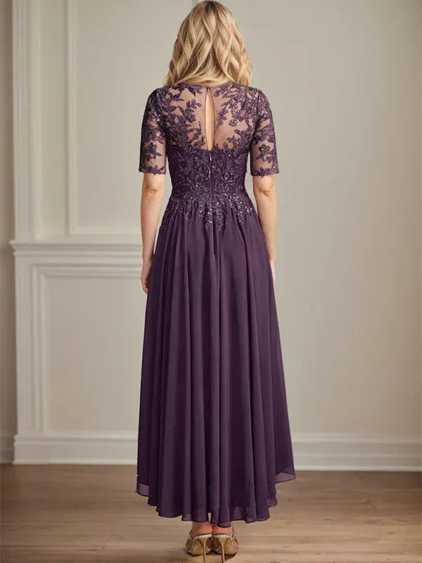 A-Line Scoop Neck Illusion Asymmetrical Chiffon and Lace Mother of the Bride Dress with Sequins