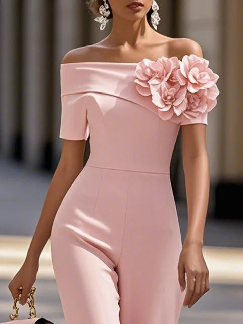 Women's Pink 3D Floral Off-Shoulder Short Sleeve Dressy Jumpsuit