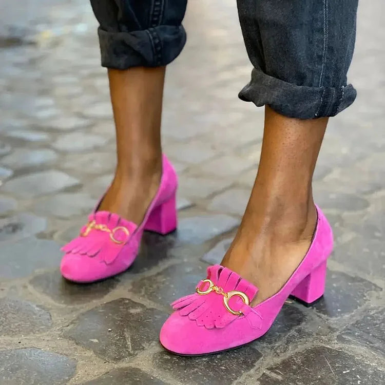 Nadine | Chunky Matte Round-Toe Buckle Fringe Heels