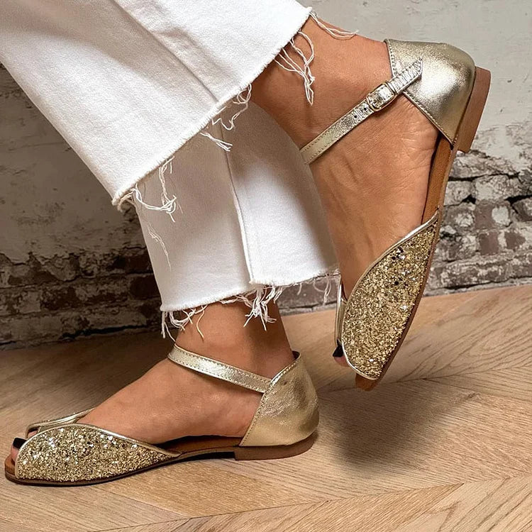 Rosalind | Peep-Toe Glitter Patchwork Ankle Strap Buckle Sandals