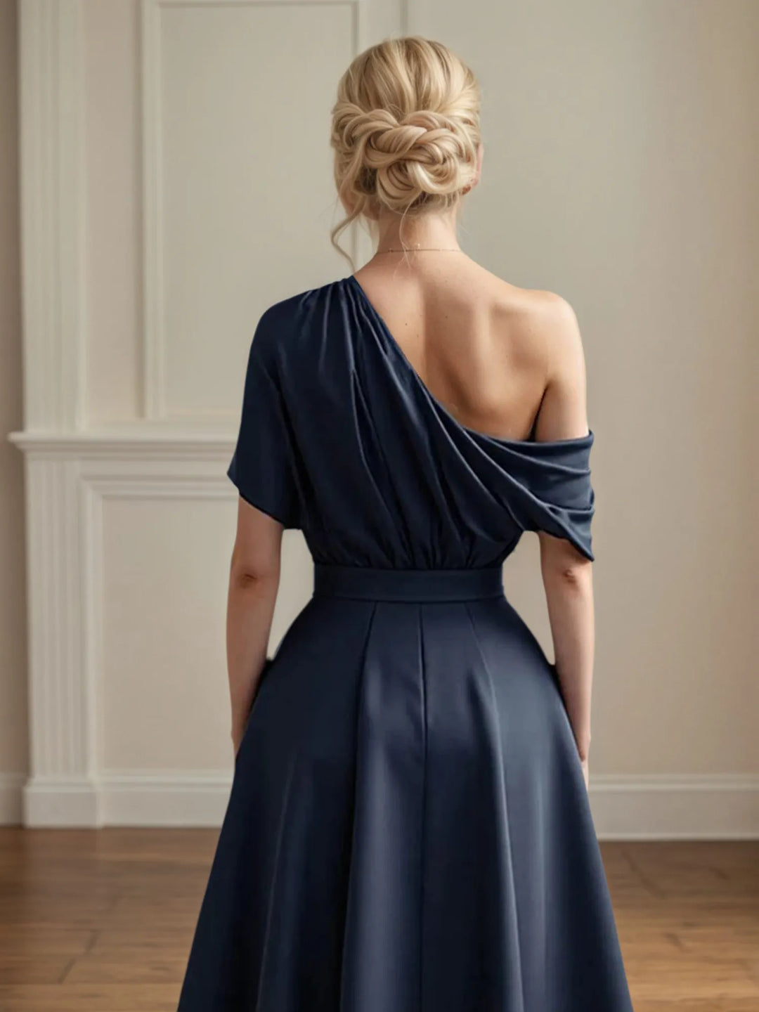 One-Shoulder Satin A-Line Pleated Ankle-Length Mother of the Bride Dress