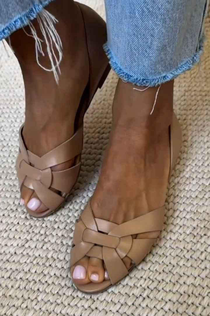 Cardelia | Peep-Toe Woven Vegan Leather Crossover Strap Flats