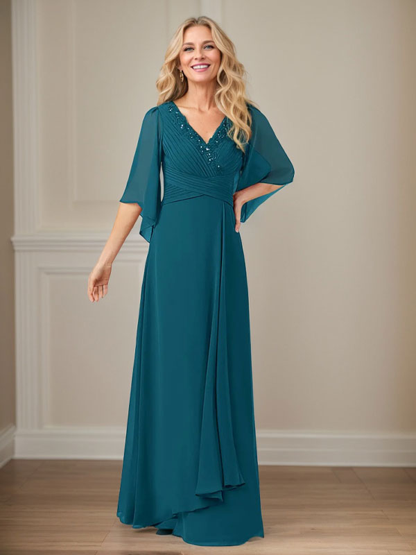 A-Line V-Neck Long Sequin Chiffon Mother of the Bride Dress