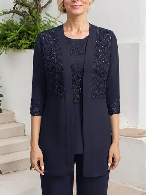 Floor-Length Chiffon Lace Jumpsuit and Pantsuit Separates with Sequins – Perfect Mother of the Bride Dress