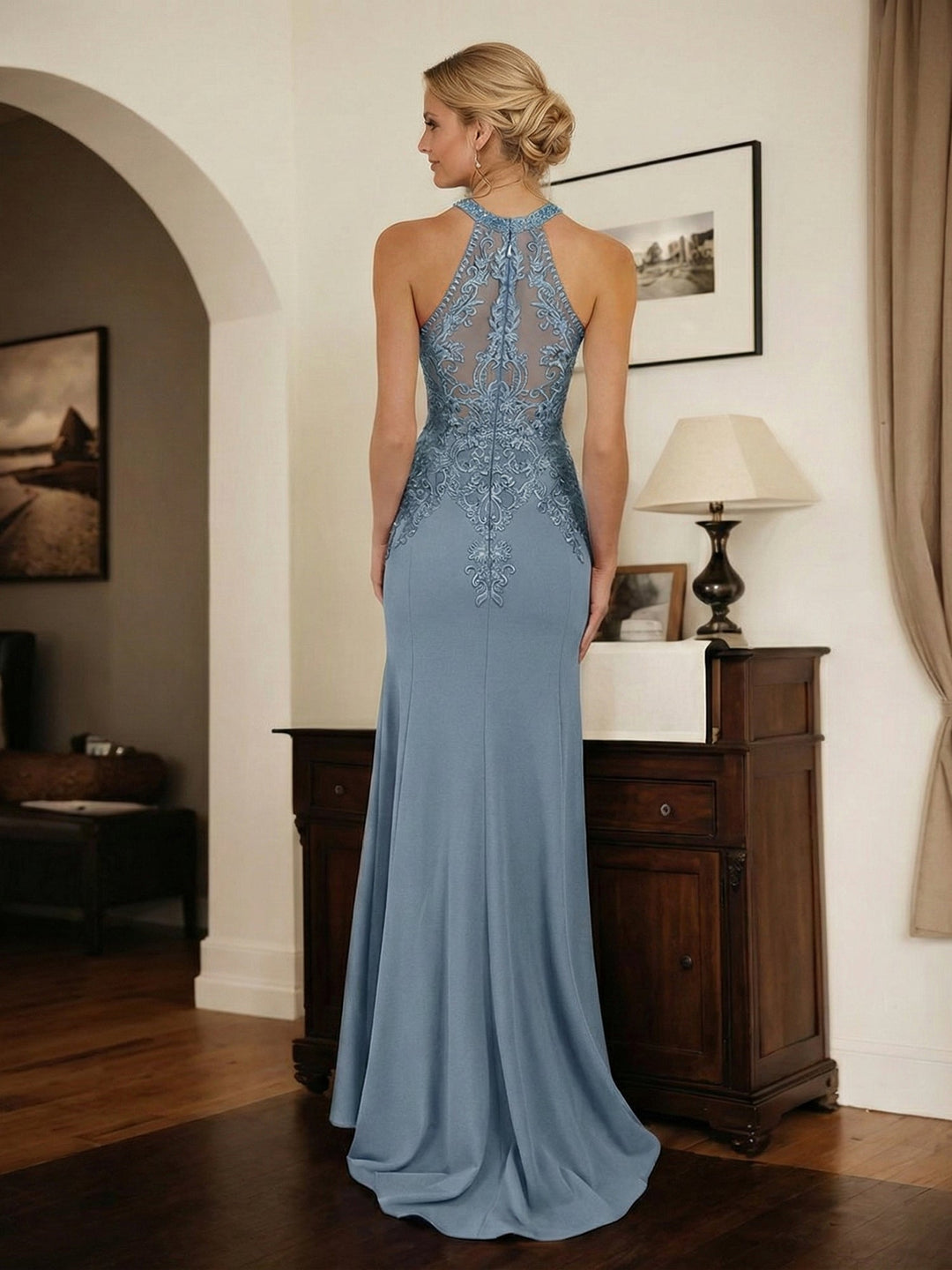 Dusty Blue Sheath Halter Mother of the Bride Dress with Appliqué Details