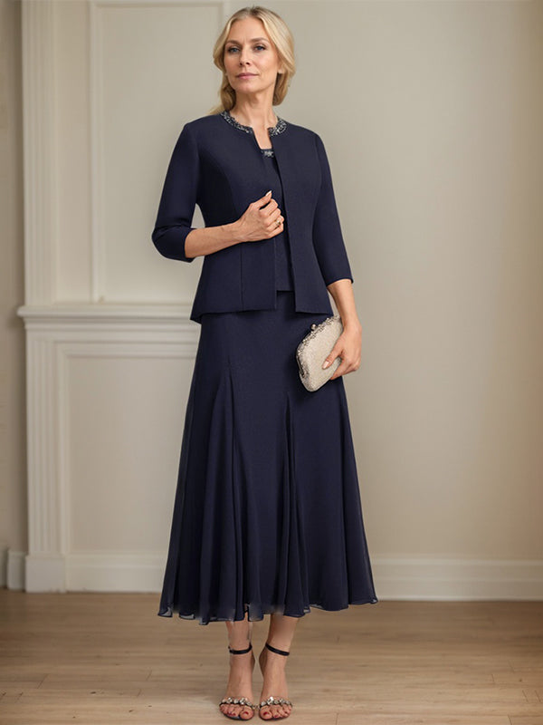 A-line Scoop Tea-Length Chiffon Mother of the Bride Dress with Sequins and Beading Separates