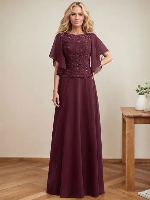 A-Line Scoop Neck Illusion Floor-Length Lace Chiffon Mother of the Bride Dress with Sequins