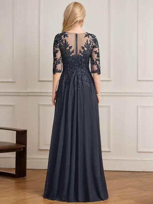 A-Line V-Neck Floor-Length Lace and Chiffon Mother of the Bride Dress with Pleated Sequins
