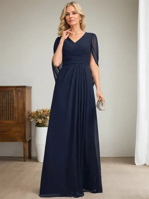 Dark Navy A-Line V-Neck Long Mother of the Bride Dress