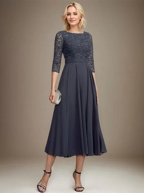 A-Line Scoop Neck Tea-Length Lace Chiffon Mother of the Bride Dress with Sequins