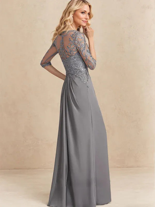 A-Line Scoop Illusion Floor-Length Chiffon and Lace Mother of the Bride Dress with Beading, Sequins, and Cascading Ruffles