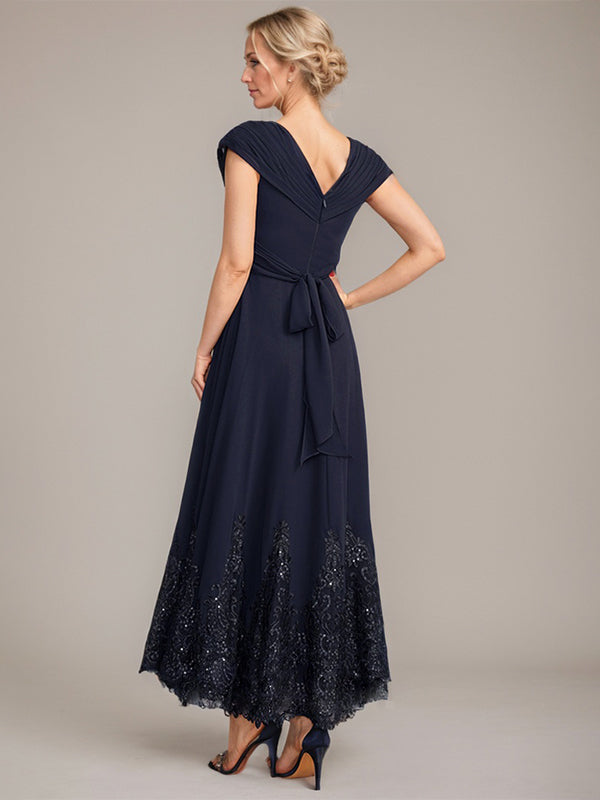 A-Line V-Neck Chiffon Mother of the Bride Dress with Appliqué and Sequins, Ankle-Length