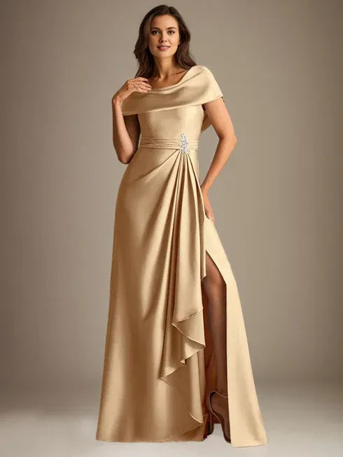 A-Line Scoop Neck Floor-Length Stretch Satin Mother of the Bride Dress with Cascading Ruffles