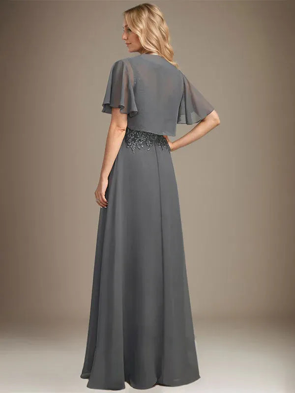 A-Line Scoop Neck Illusion Floor-Length Lace Chiffon Mother of the Bride Dress with Sequins
