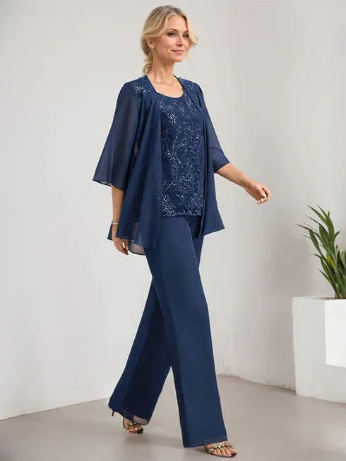 Floor-Length Lace Chiffon Mother of the Bride Jumpsuit/Pantsuit with Scoop Neck and Sequins