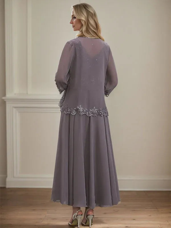 A-Line V-Neck Chiffon Mother of the Bride Dress with Sequins, Appliques, Lace, and Beading at Ankle Length