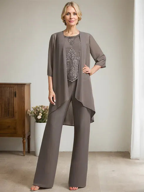 Floor-Length Chiffon Lace Mother of the Bride Jumpsuit/Pantsuit with Scoop Neck, Beading, and Sequins