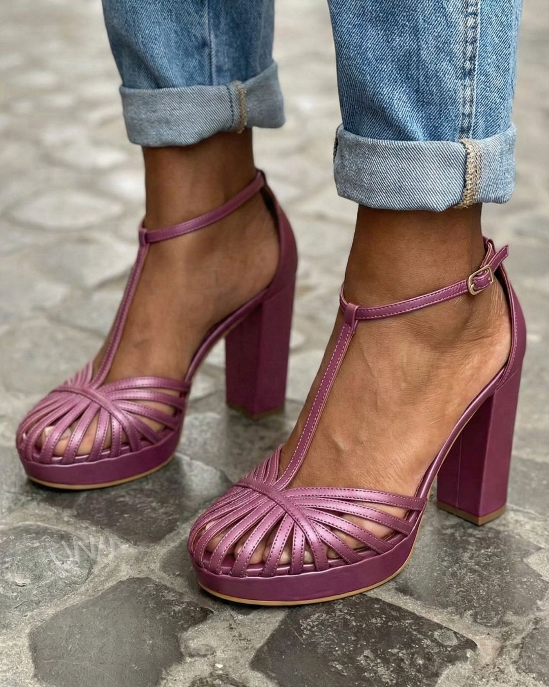 Marion | Round-Toe T-Strap Platform Wide Block Sandals