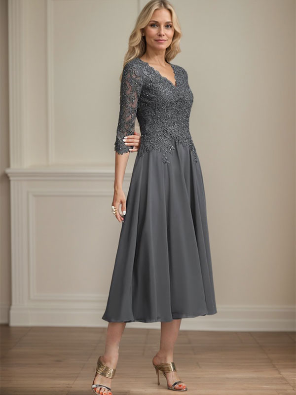 A-Line V-Neck Tea-Length Chiffon and Lace Mother of the Bride Dress with Beading and Sequins