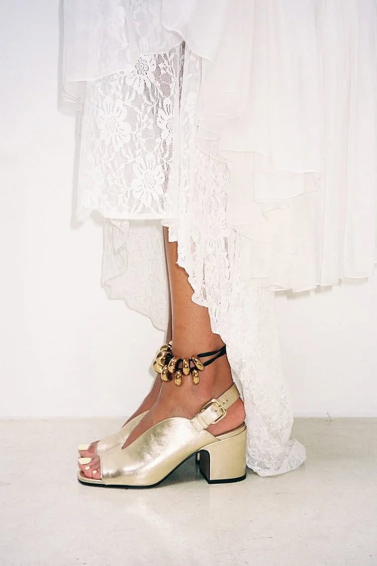 Simone | Chunky Slingback Peep-Toe Glossy Metallic Heels