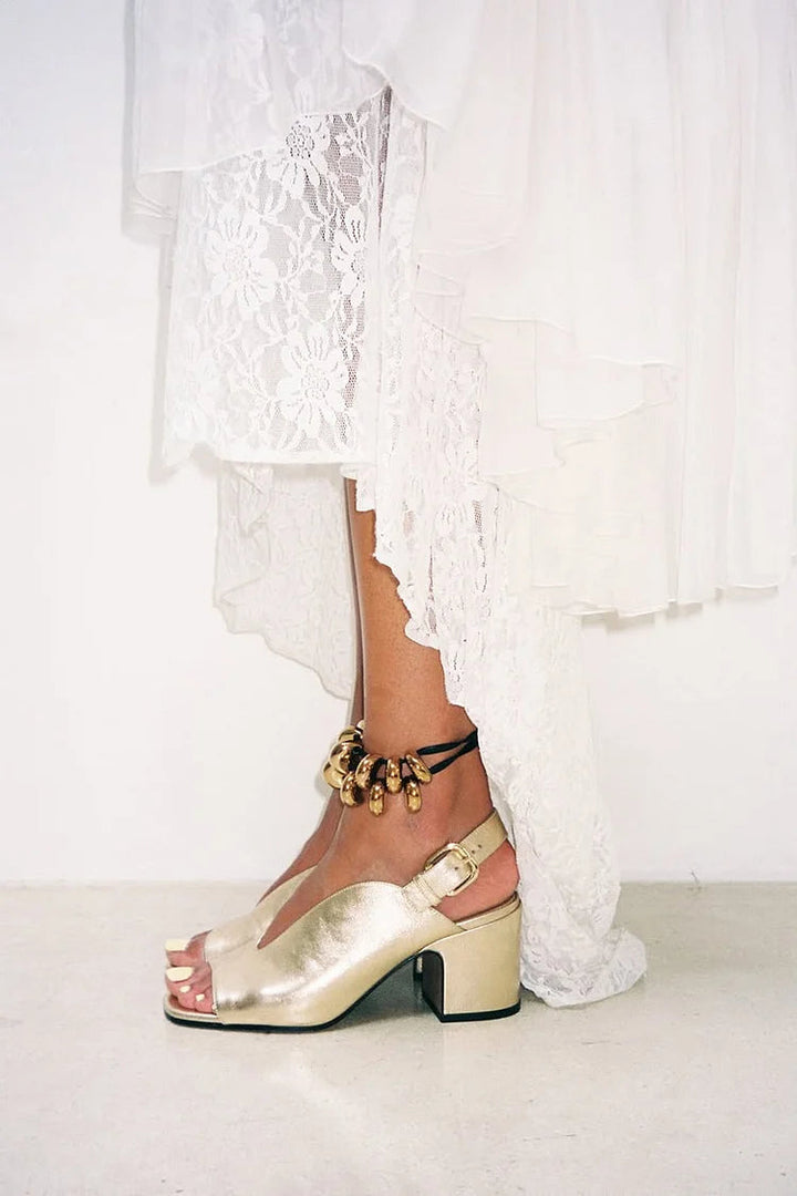 Simone | Chunky Slingback Peep-Toe Glossy Metallic Heels