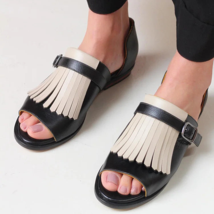 Honora | Slip-On Open-Toe Round-Toe Contrast Fringe Sandals