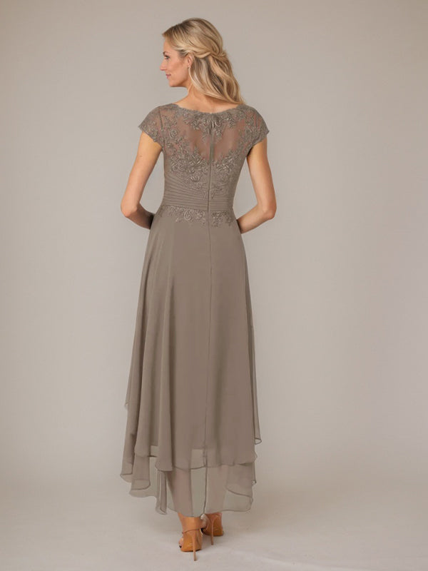 A-Line Boat Neck Illusion Asymmetrical Chiffon Lace Mother of the Bride Dress with Applique and Pleats