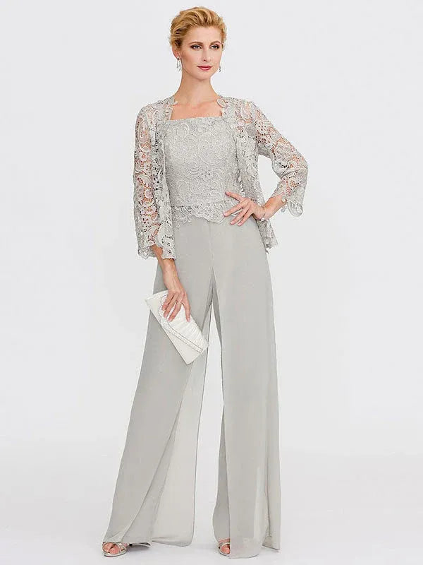 3-Piece Chiffon Square Neck Mother of the Bride Pantsuit Set with Jacket
