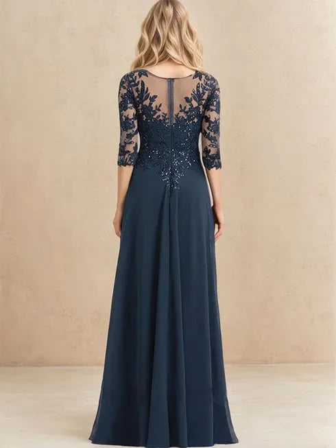 A-Line V-Neck Floor-Length Lace Chiffon Mother of the Bride Dress with Sequins