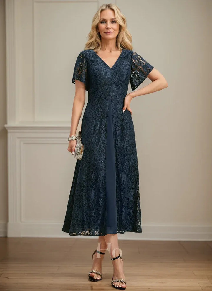 A-Line V-Neck Tea-Length Lace Chiffon Mother of the Bride Dress