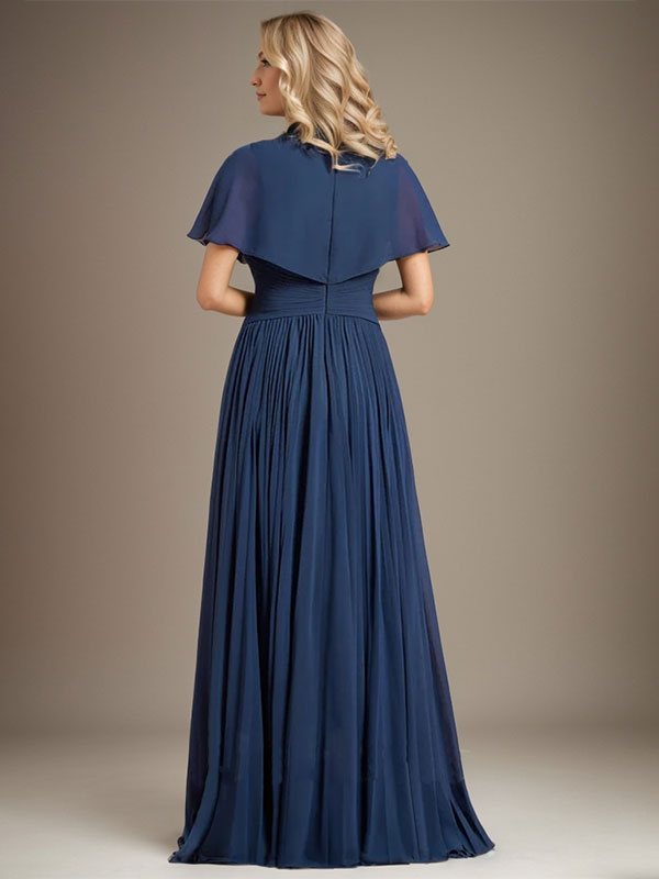 A-Line V-Neck Floor-Length Chiffon Mother of the Bride Dress with Crystal Brooch and Pleated Design
