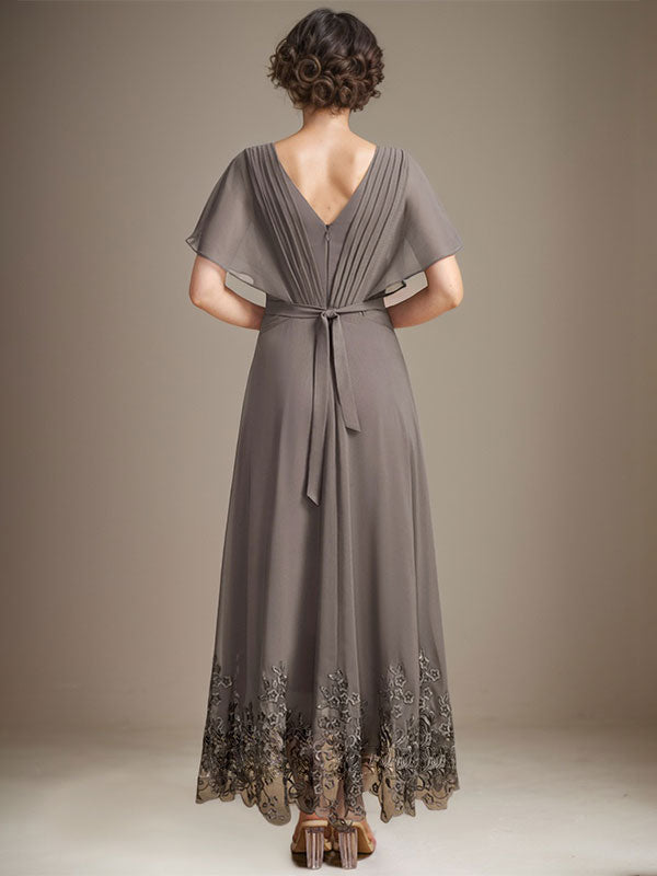 A-Line V-Neck Asymmetrical Lace Chiffon Mother of the Bride Dress with Pleats