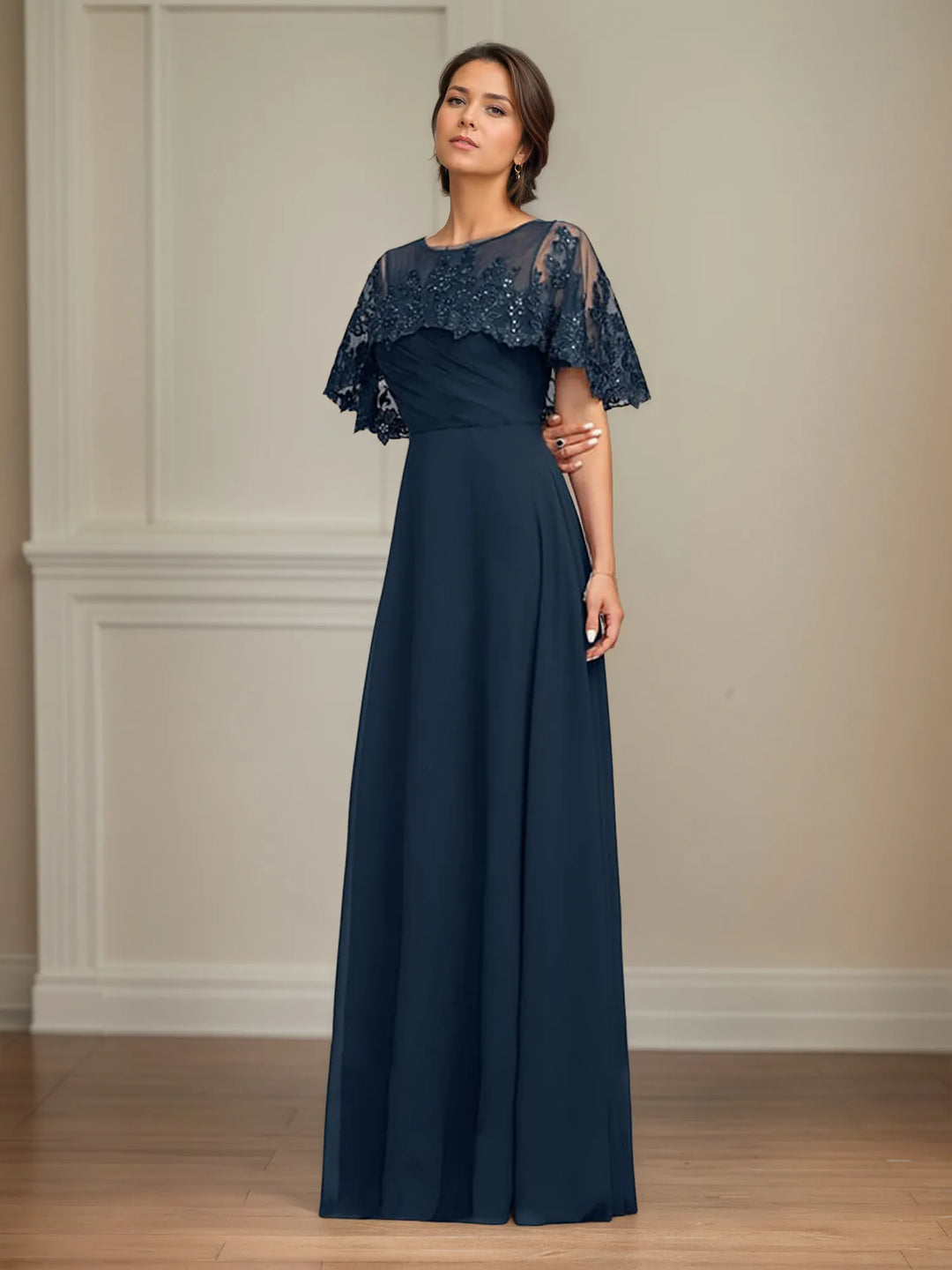 A-Line Floor-Length Chiffon Mother of the Bride Dress with Pleated Sequins