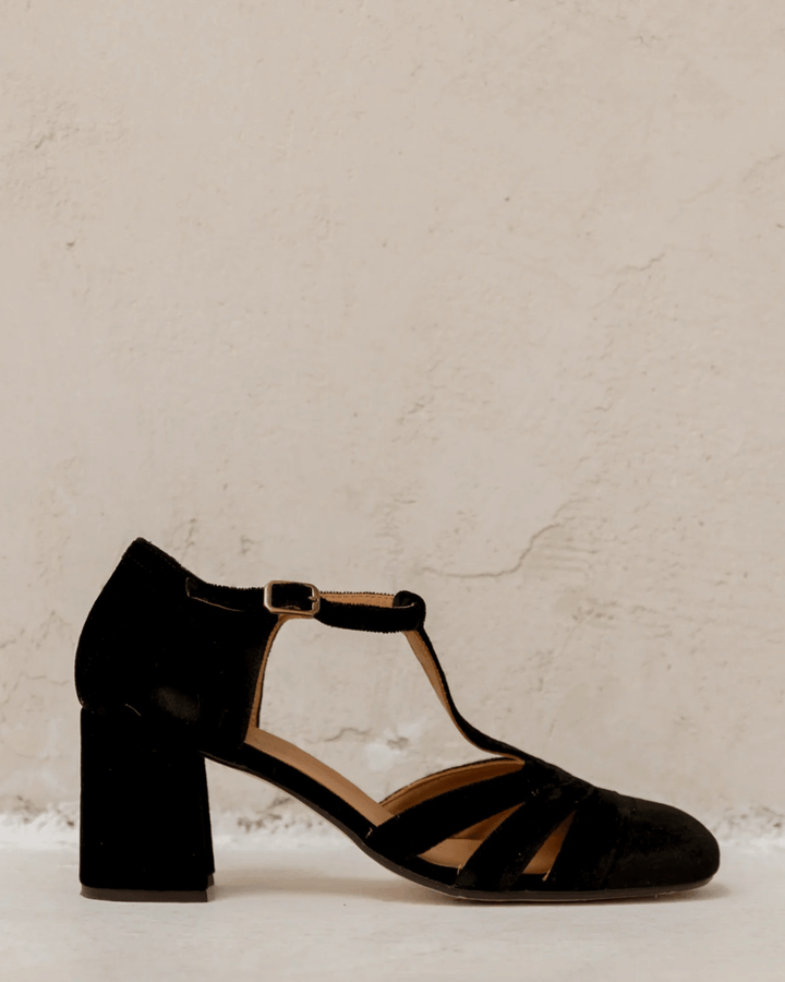 Maureen | Chunky Cut-Out Velvet Buckle T-Strap Heels