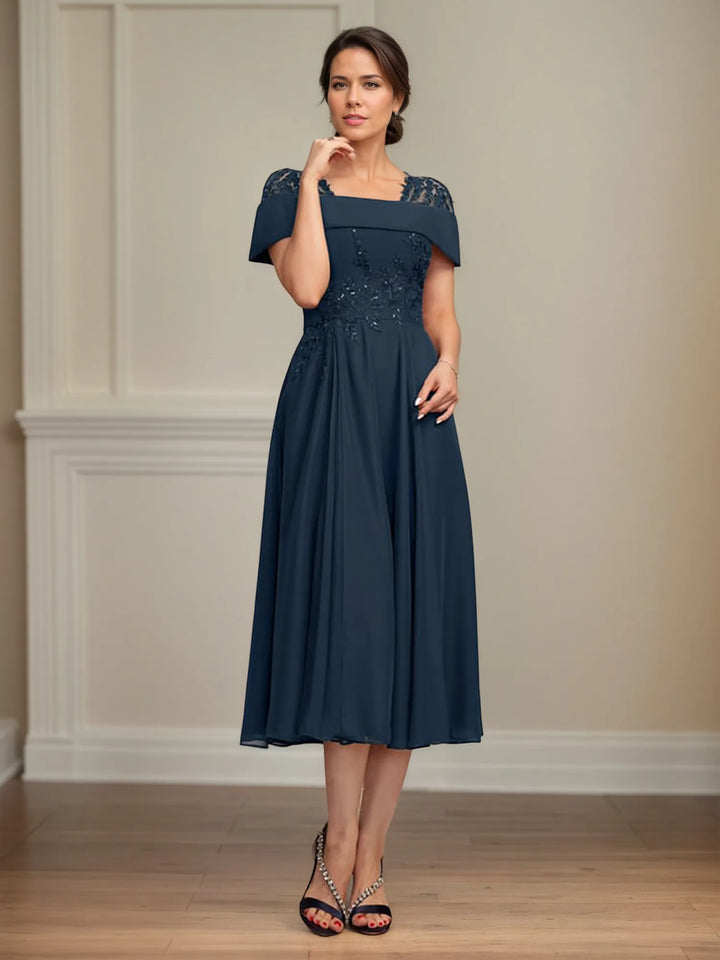 A-Line Square Neck Tea-Length Chiffon Mother of the Bride Dress with Pleated Sequins
