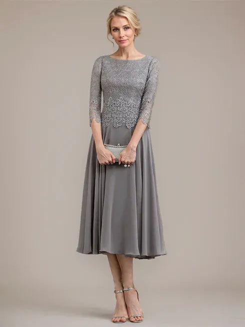 A-Line Scoop Neck Tea-Length Lace Chiffon Mother of the Bride Dress
