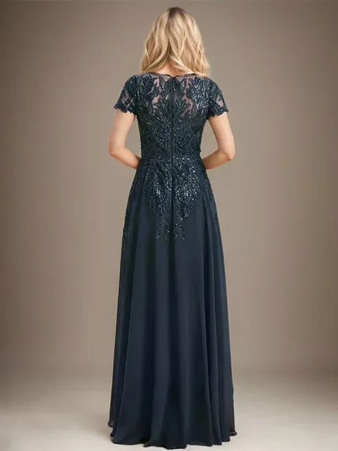 Floor-Length Lace Chiffon Mother of the Bride Dress with Sheath/Column Scoop Illusion and Sequins