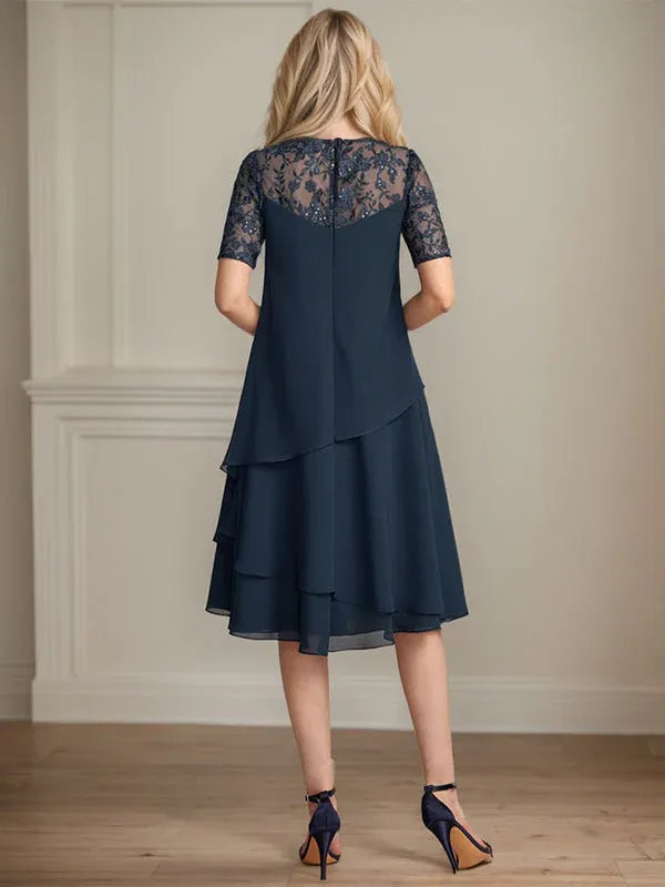 A-Line Scoop Neck Illusion Knee-Length Lace Chiffon Mother of the Bride Dress with Sequins
