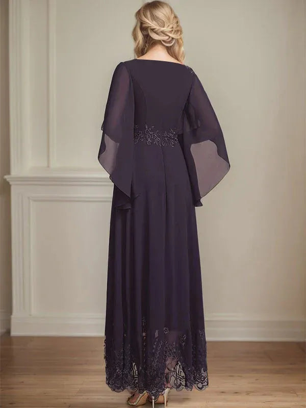 A-line Scoop Illusion Ankle-Length Lace Chiffon Mother of the Bride Dress With Sequins