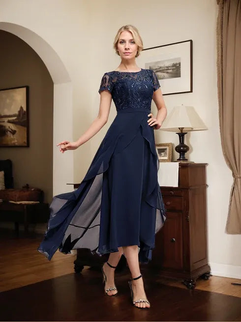 A-Line Scoop Neck Illusion Asymmetrical Chiffon Lace Mother of the Bride Dress with Bow, Ruffle, and Sequins