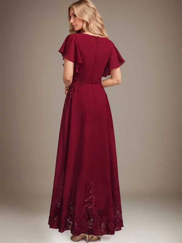 A-Line Scoop Neck Ankle-Length Lace and Chiffon Mother of the Bride Dress with Sequins