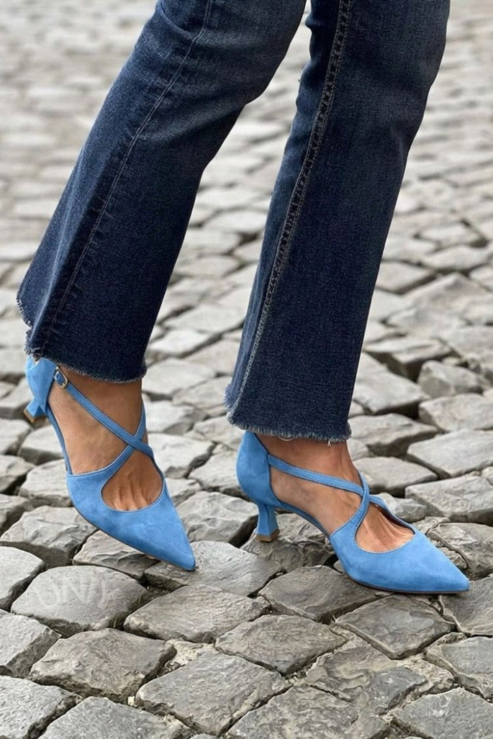 Irene | Low Pointed-Toe Solid Buckle Crossover Strap Heels