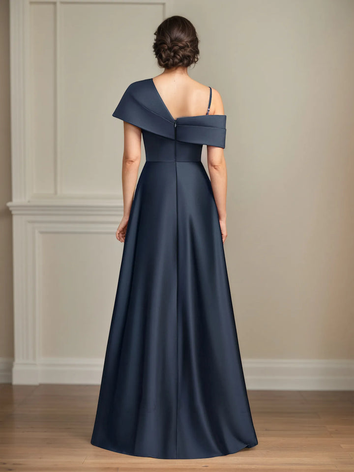 Asymmetrical A-Line Floor-Length Satin Mother of the Bride Dress with Pleats