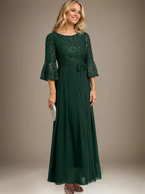 A-Line Scoop Neck Ankle-Length Lace Chiffon Mother of the Bride Dress with Bow