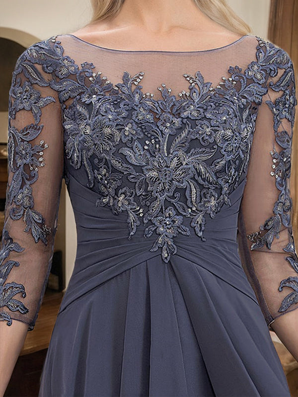 A-Line Scoop Neck Illusion Floor-Length Lace Chiffon Mother of the Bride Dress with Cascading Ruffles