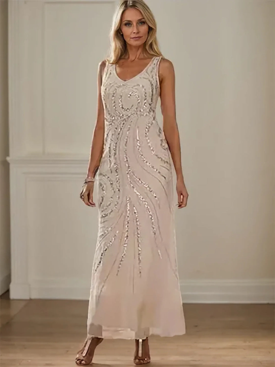 V-Neck Sheath/Mother of the Bride Ankle-Length Dress with Jacket & Sequins