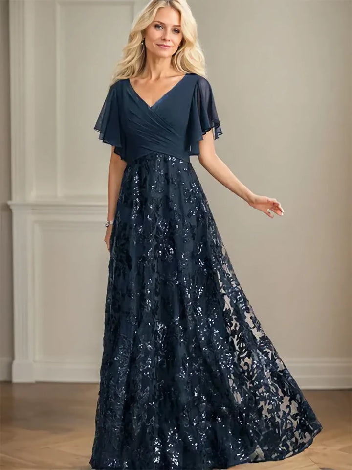 A-Line V-Neck Floor-Length Lace and Sequin Chiffon Mother of the Bride Dress with Pleats