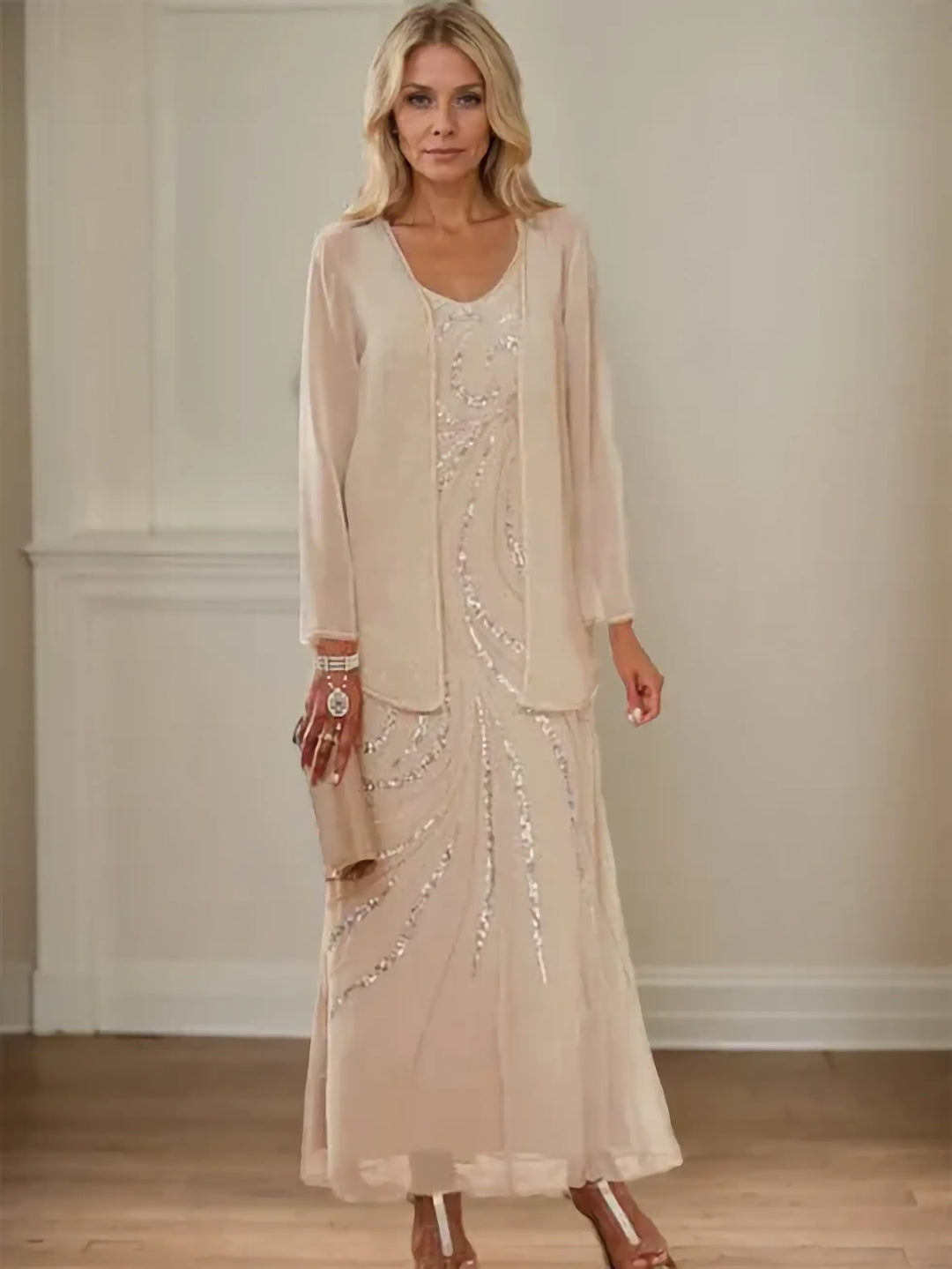 V-Neck Sheath/Mother of the Bride Ankle-Length Dress with Jacket & Seq – Winslow Beverly Hills