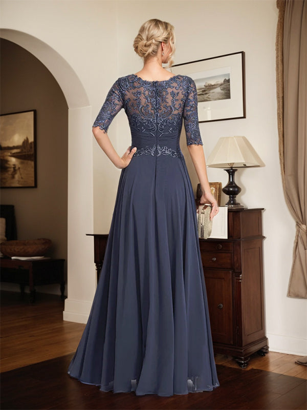A-Line Scoop Neck Illusion Floor-Length Chiffon and Lace Mother of the Bride Dress with Pleated Sequins